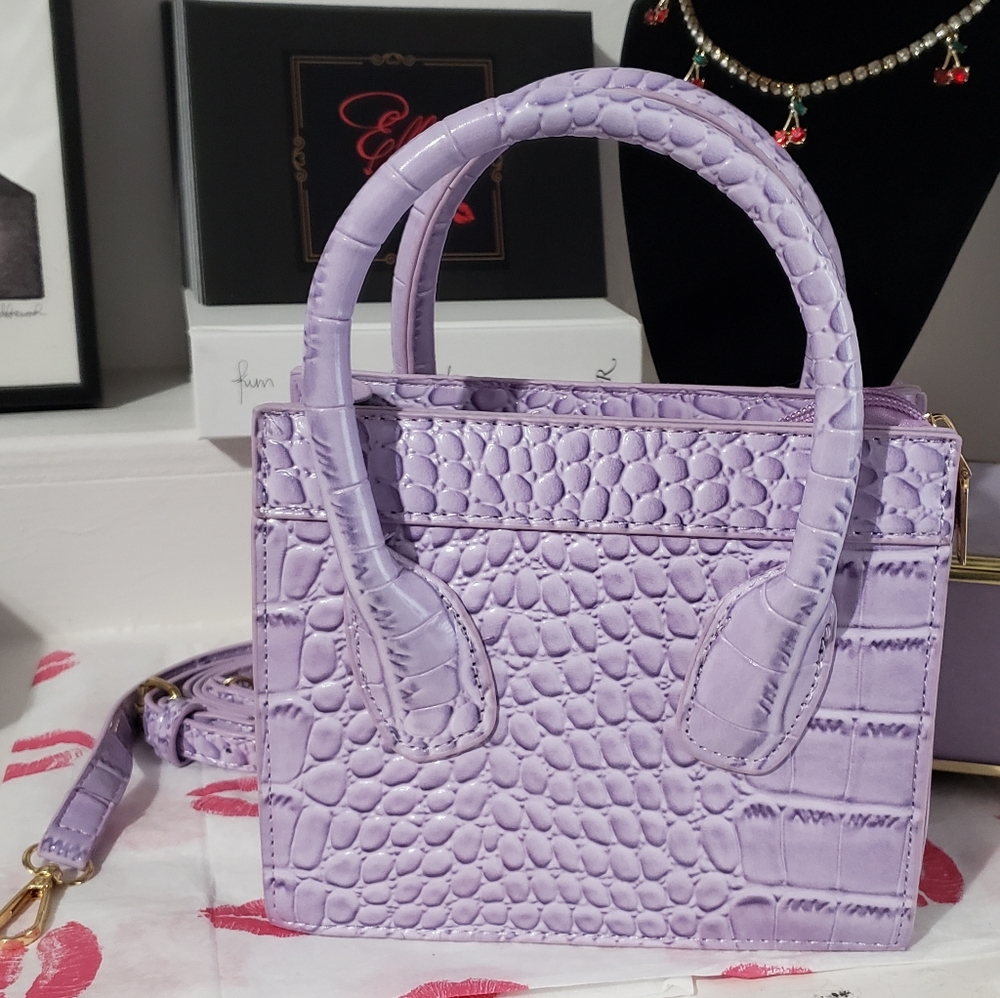 Faux Croc Embossed Mini Handbag- purple - Picture 3 of 9